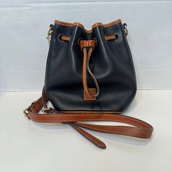 Dooney & Bourke Pebble Grain Small Drawstring Bag Black & Saddle Leather, NWOT - Picture 7 of 7